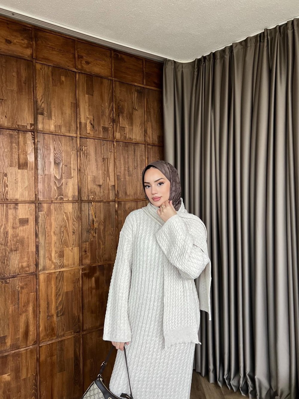 Atkılı Triko Elbise - Ekru