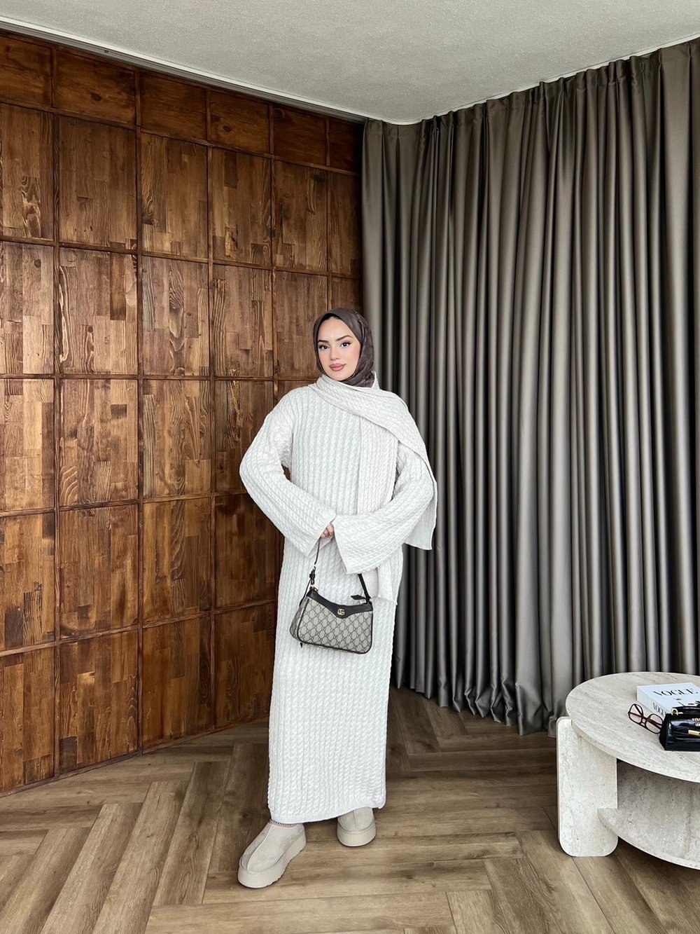 Atkılı Triko Elbise - Ekru