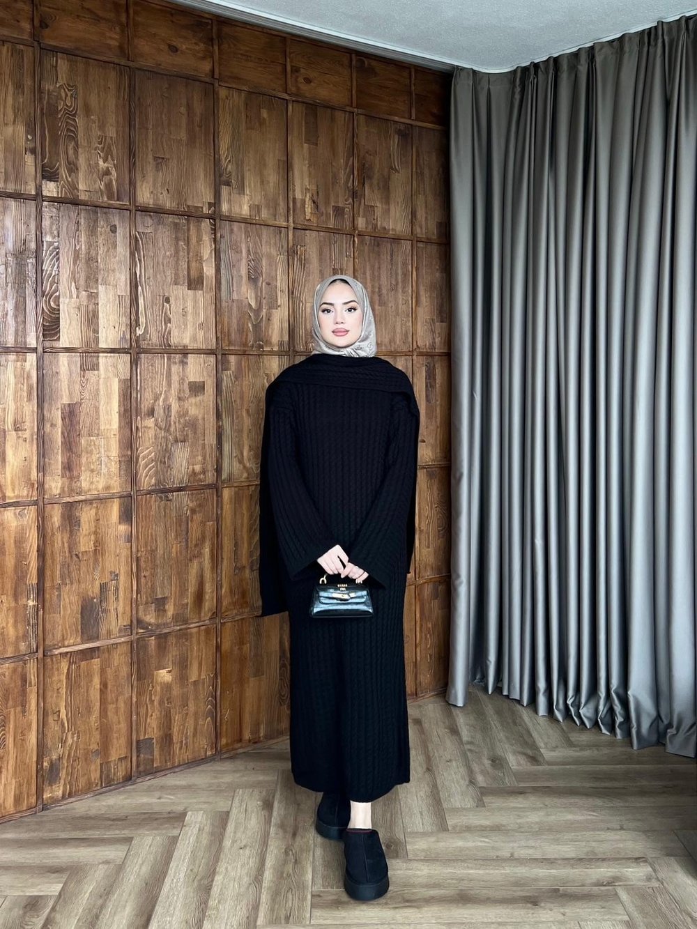 Atkılı Triko Elbise - Siyah