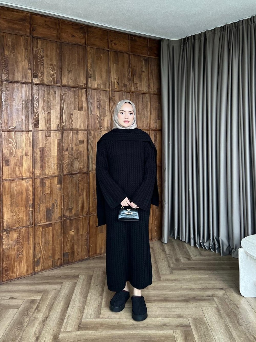 Atkılı Triko Elbise - Siyah