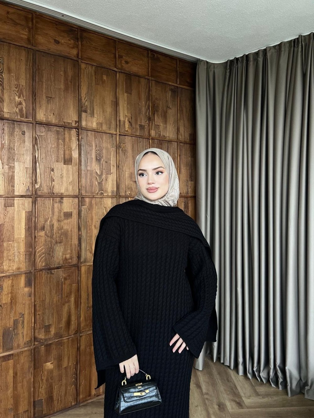 Atkılı Triko Elbise - Siyah