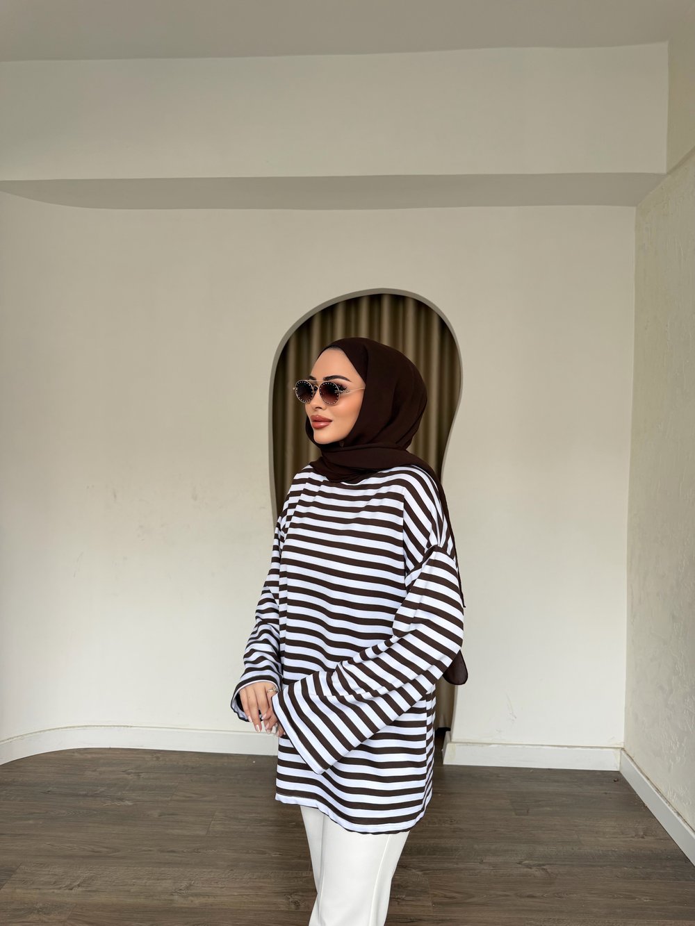 Çizgili Sweat - Kahve