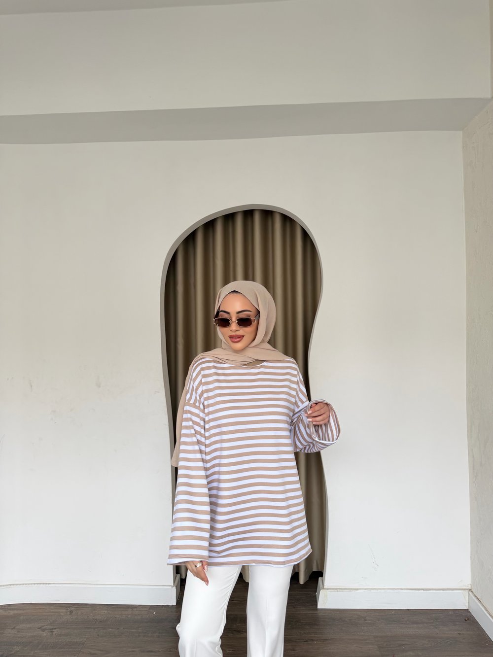 Çizgili Sweat - Vizon