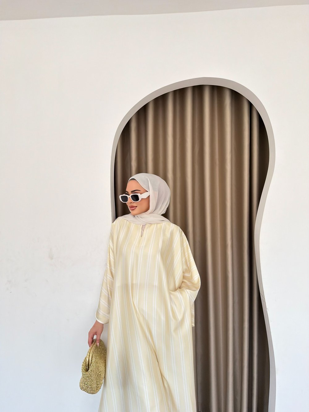 Çizgili Yırtmaçlı Tunik - Sarı