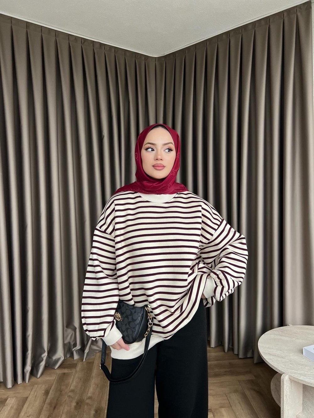 Çizgili Zey Sweat - Bordo