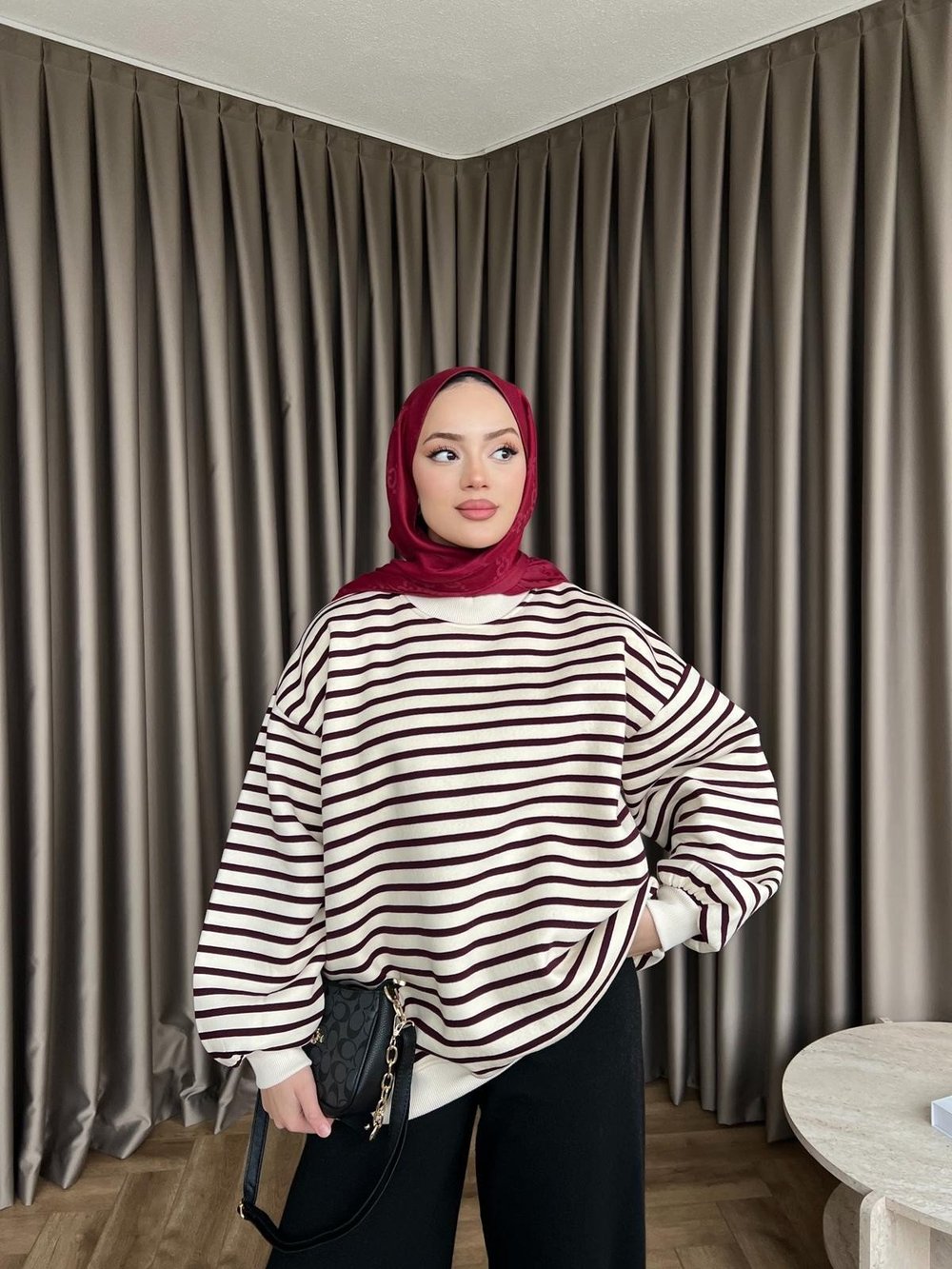 Çizgili Zey Sweat - Bordo