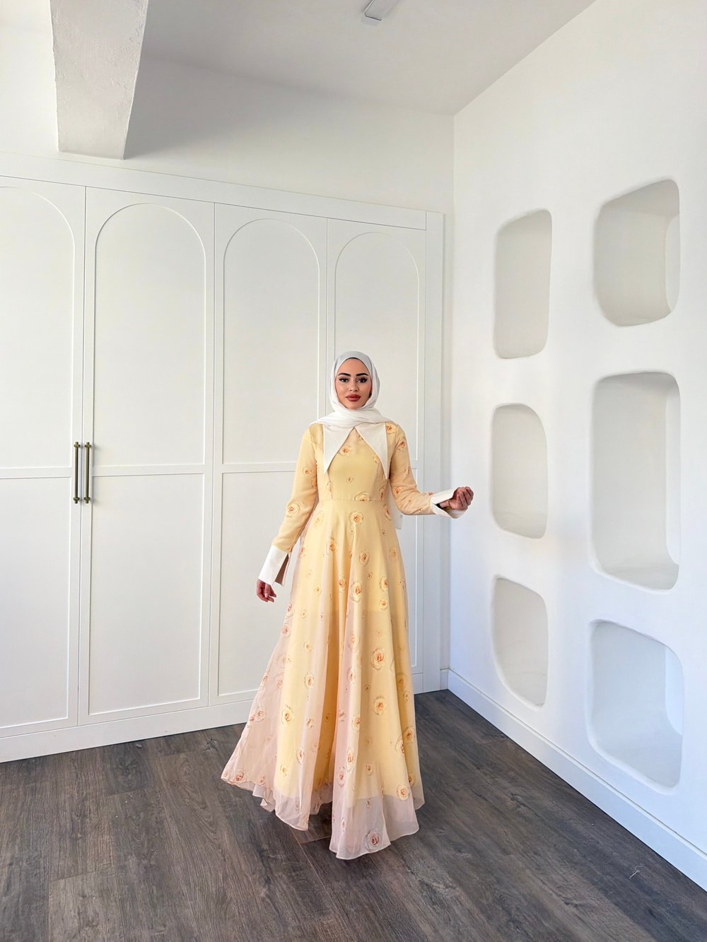 Dum Yaka Detay Elbise - Sarı