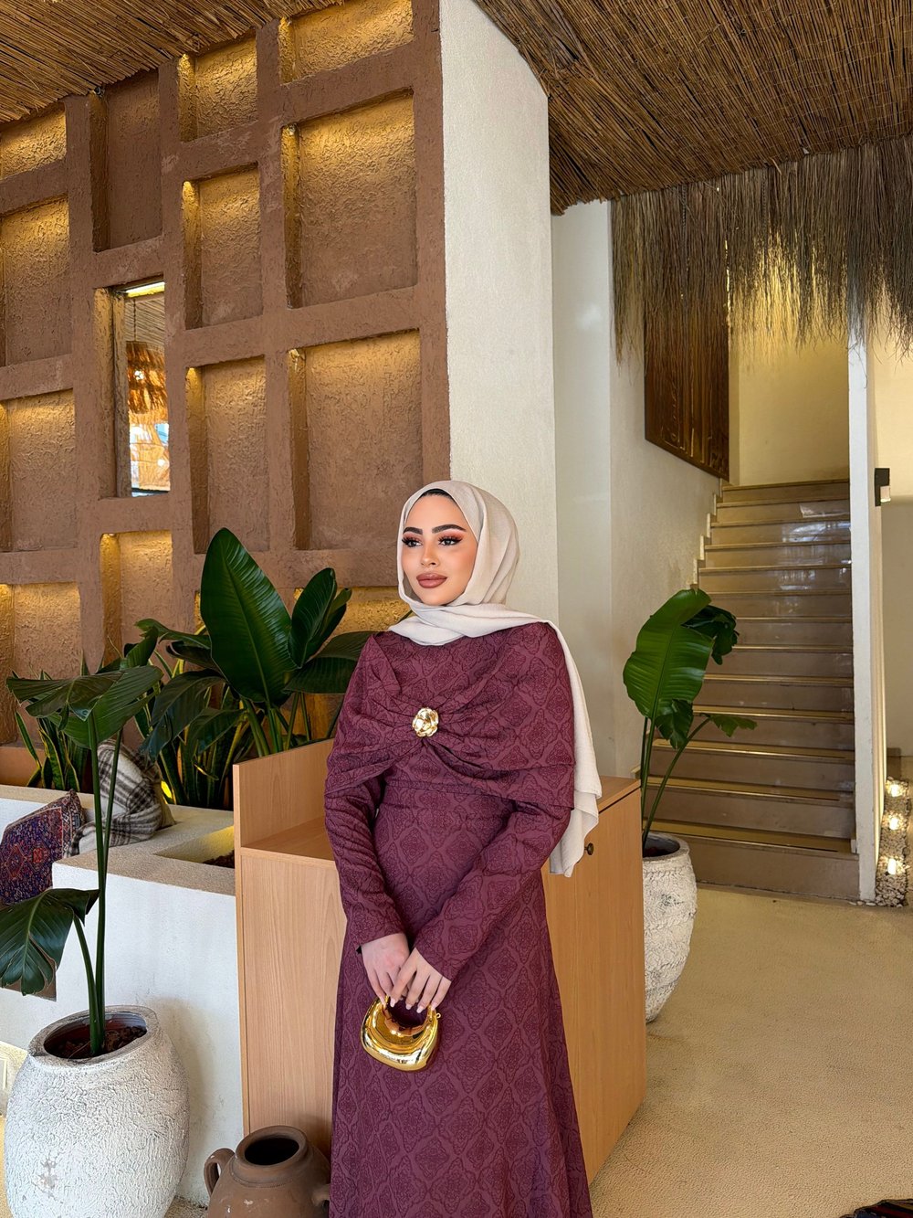 Fuş - Orchid Şal Detaylı Broşlu Elbise - Mürdüm