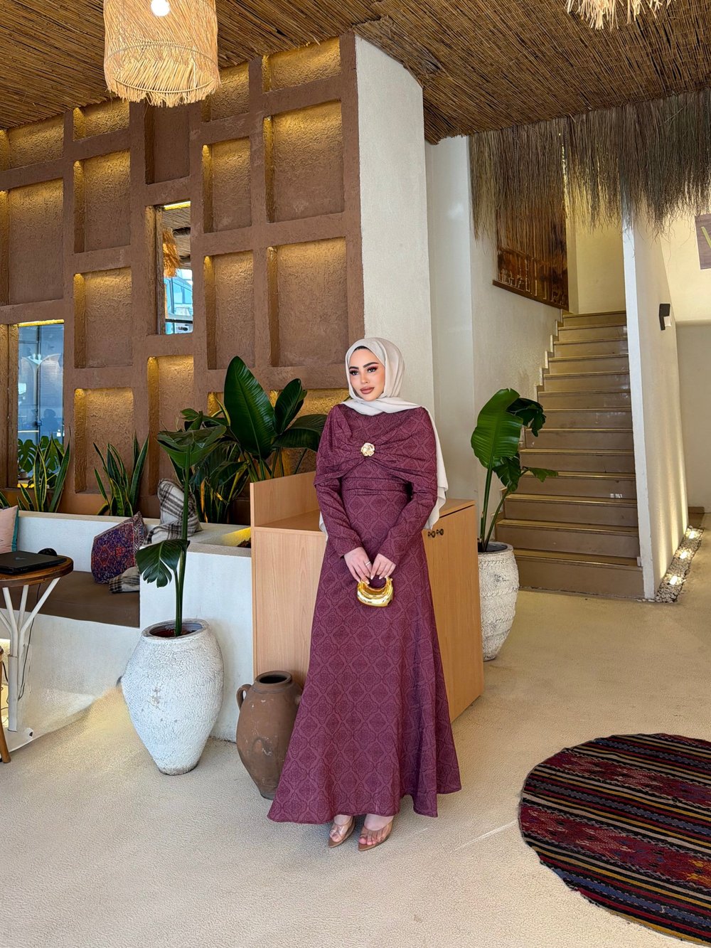 Fuş - Orchid Şal Detaylı Broşlu Elbise - Mürdüm