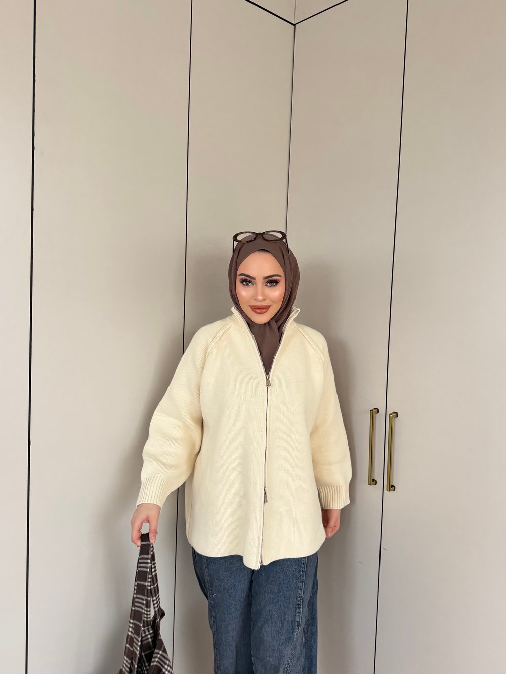 Hira Fermuarlı Hırka - Bej
