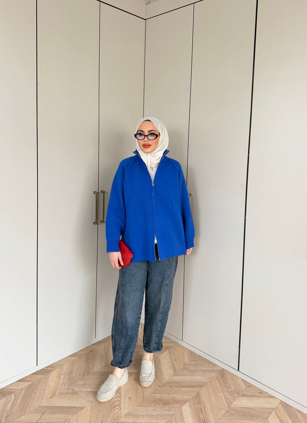 Hira Fermuarlı Hırka - Saks