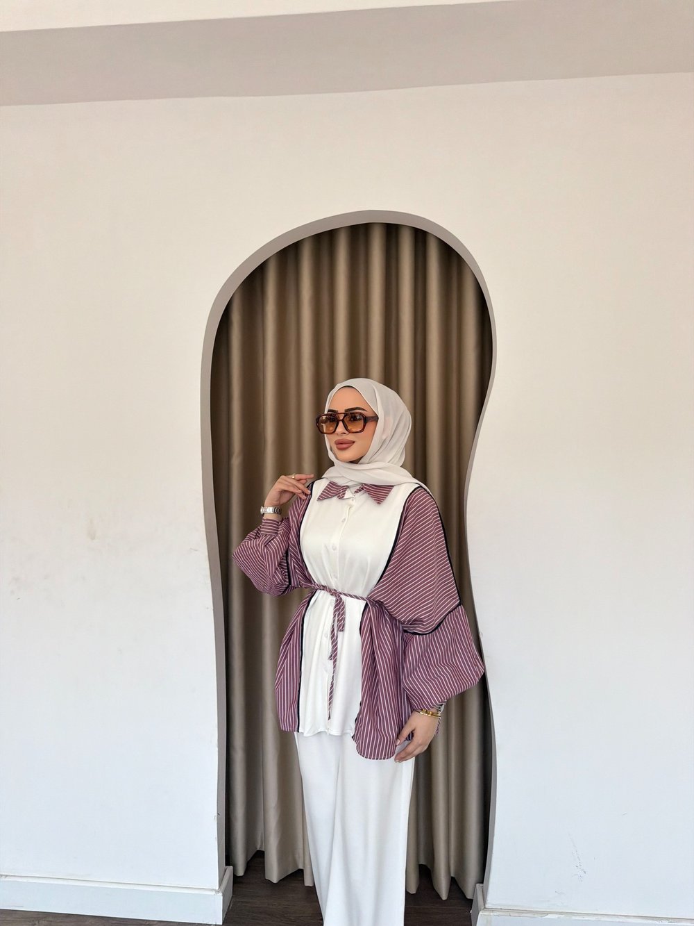 Kenna Çizgili Gömlek Takım - Mürdüm