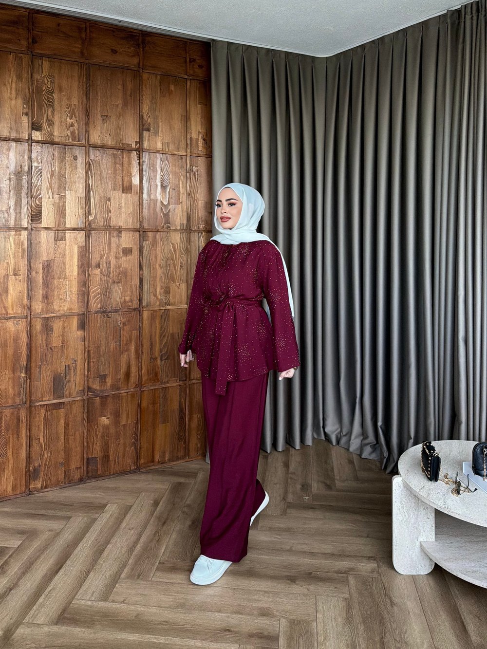 Leis Taşlı Modal Takım -Bordo