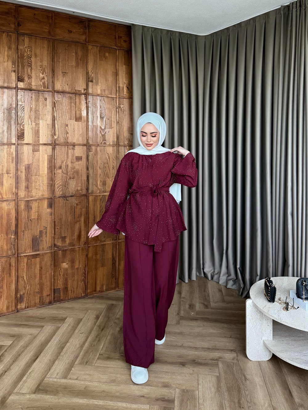Leis Taşlı Modal Takım -Bordo