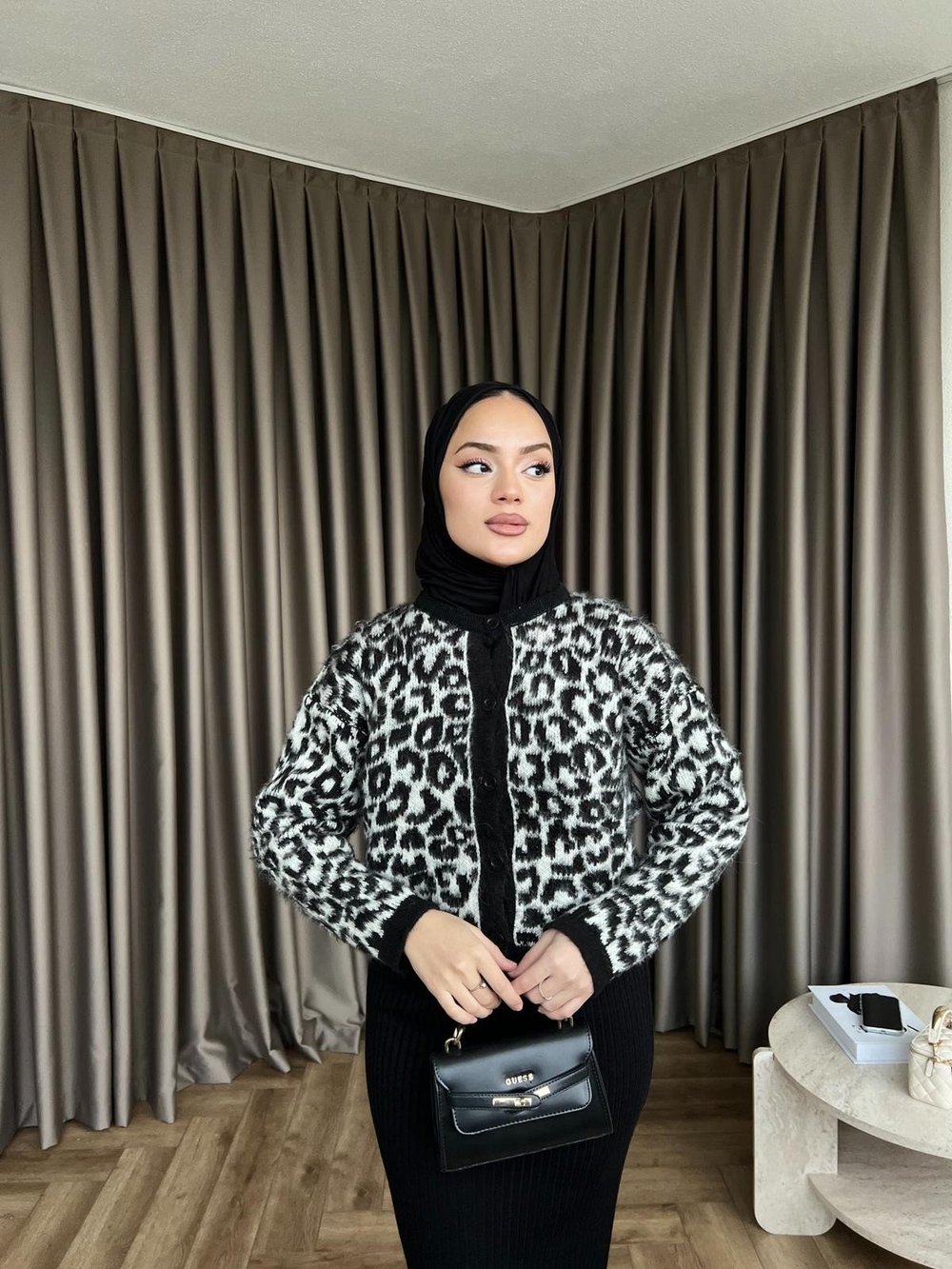 Leopar Desen Jile Düğme Siyah