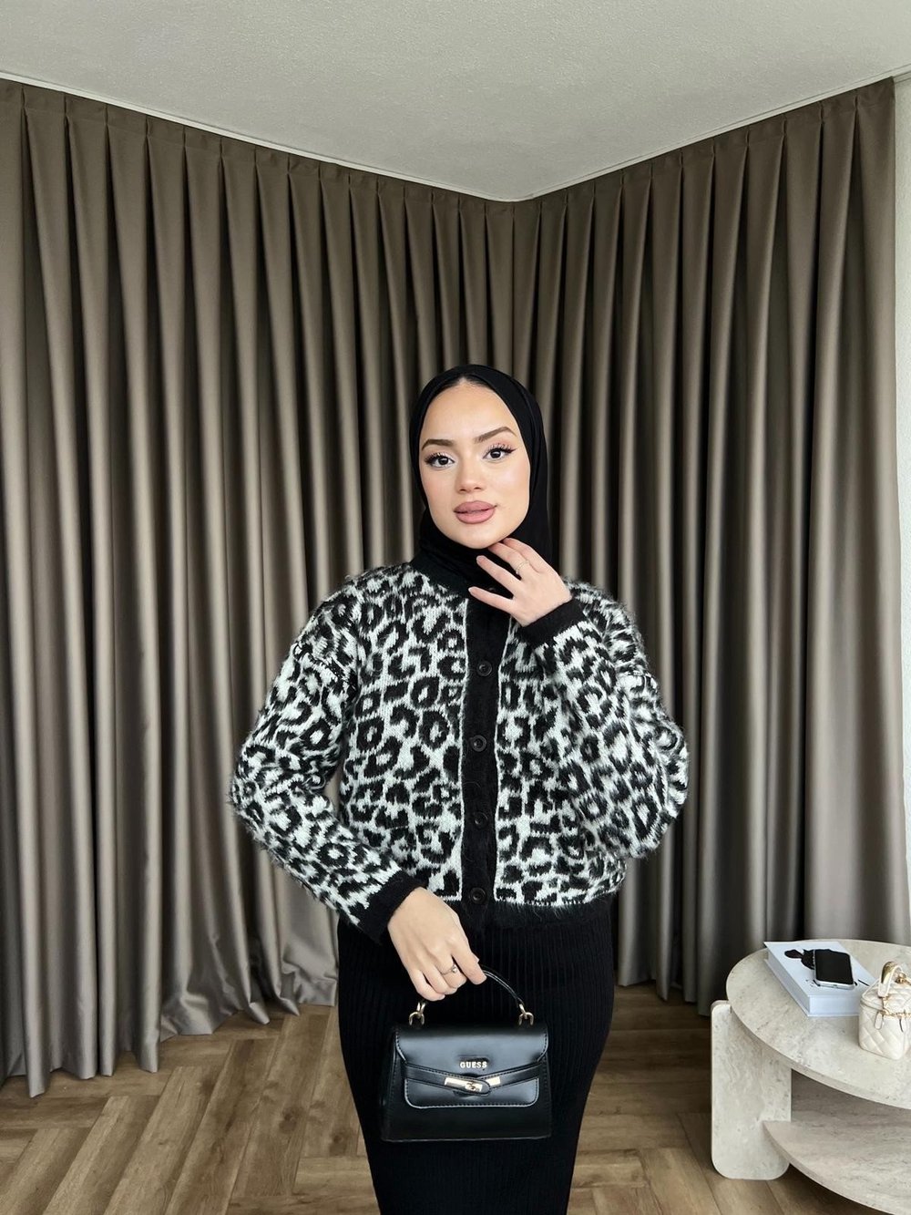 Leopar Desen Jile Düğme Siyah