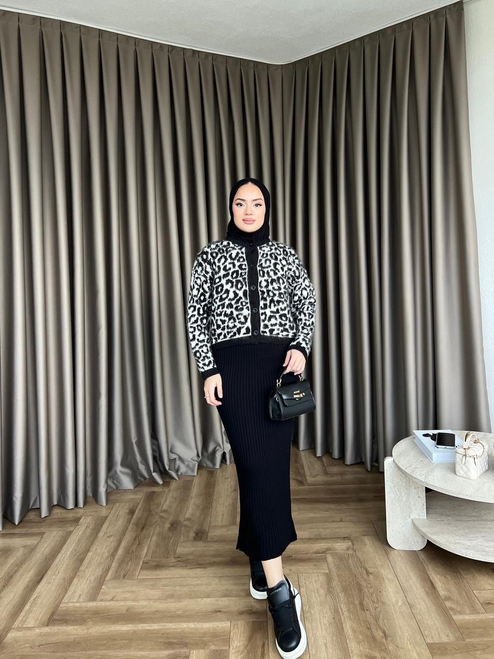 Leopar Desen Jile Düğme Siyah