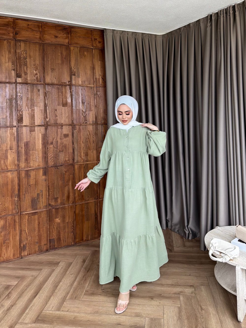 Leyla Düğmeli Müslin Elbise - Yeşil