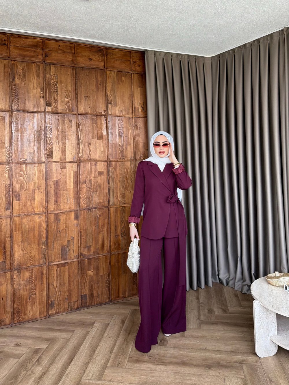 Meryem yan kemerli Takım - Mürdüm