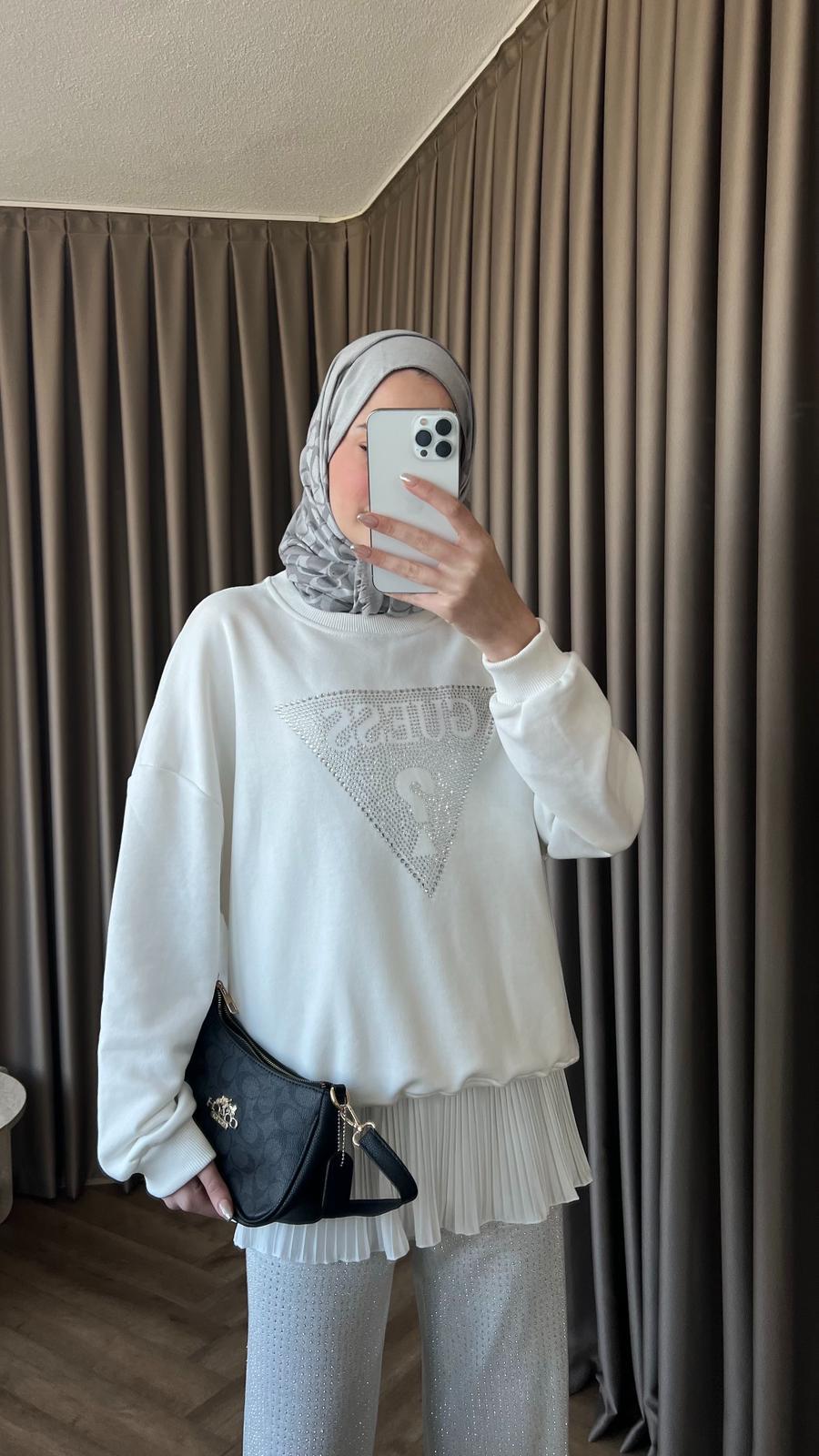 Neqa Muadil Ön ? Komple Taşlı Sweat Beyaz 