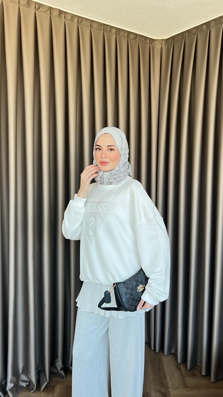 Neqa Muadil Ön ? Komple Taşlı Sweat Beyaz 