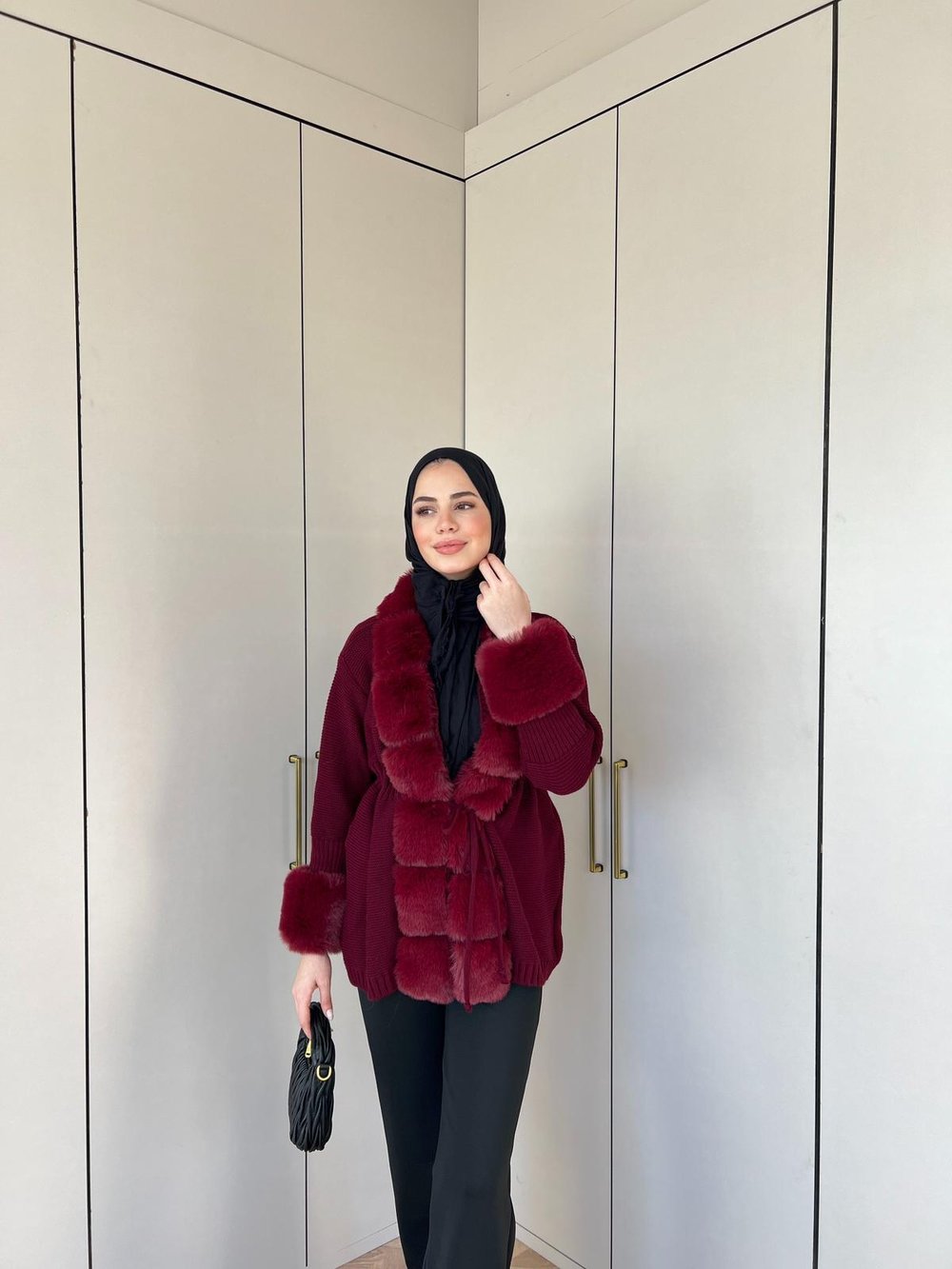 Pera Kürk Detaylı Hırka - Bordo