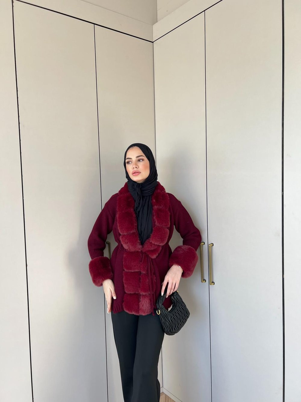 Pera Kürk Detaylı Hırka - Bordo