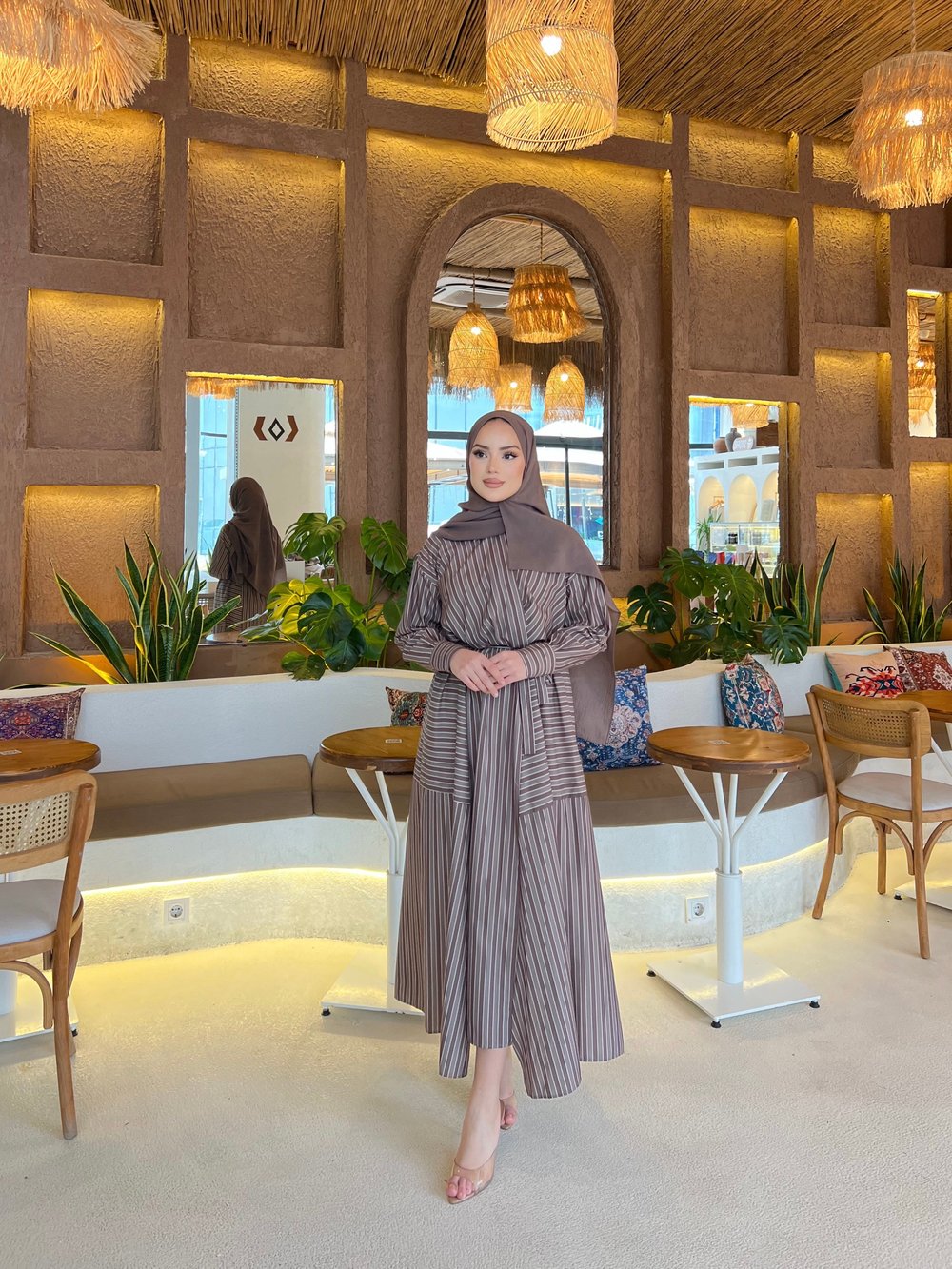 Sarah Çizgili Poplin Elbise - Yeşil 