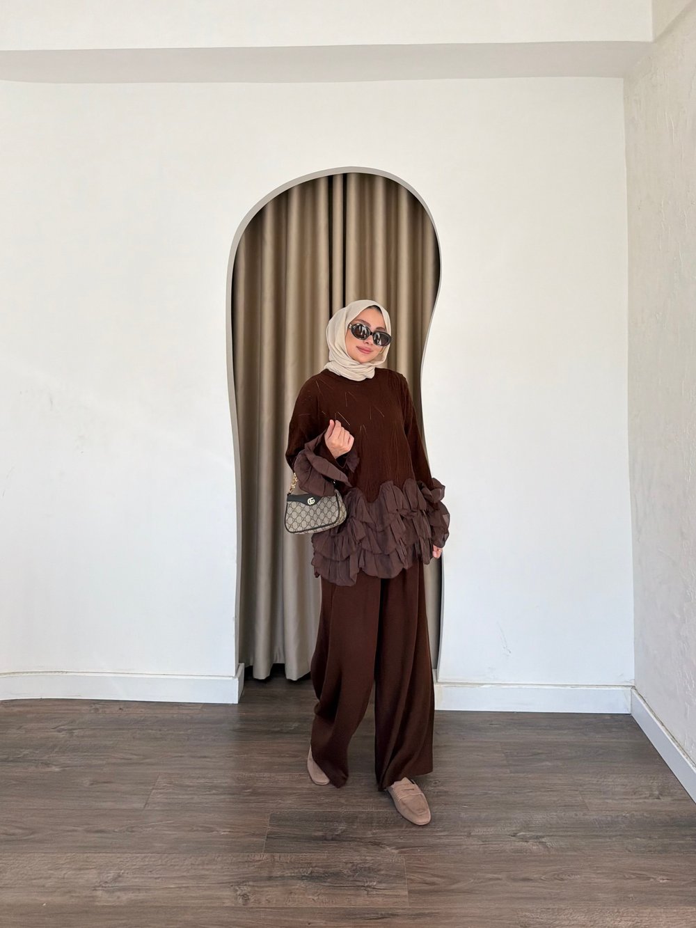 Tuna Triko Fırfır Takım - Kahve