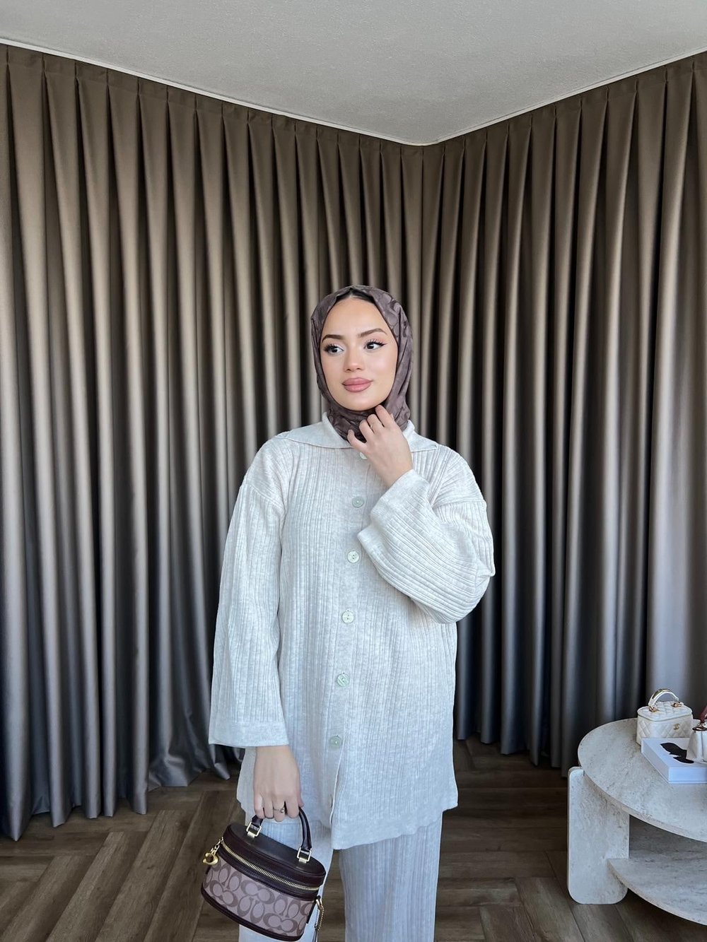 Zeyn Düğmeli Triko Takım - Beyaz