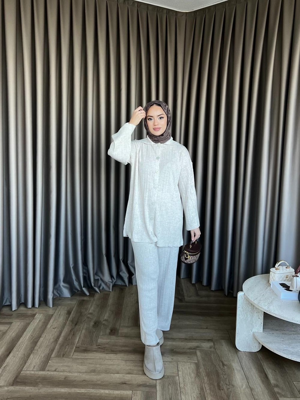 Zeyn Düğmeli Triko Takım - Beyaz