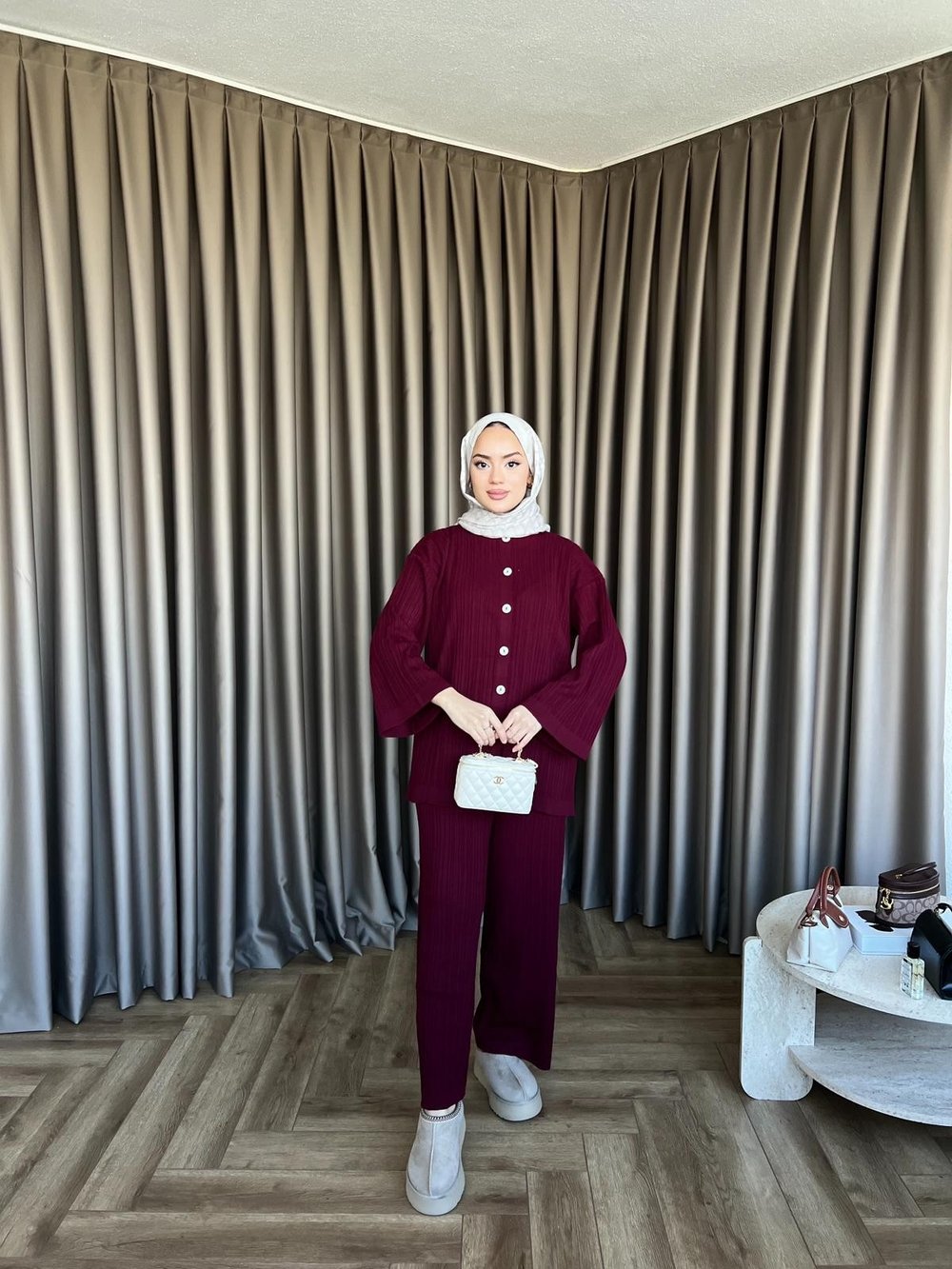 Zeyn Düğmeli Triko Takım - Bordo