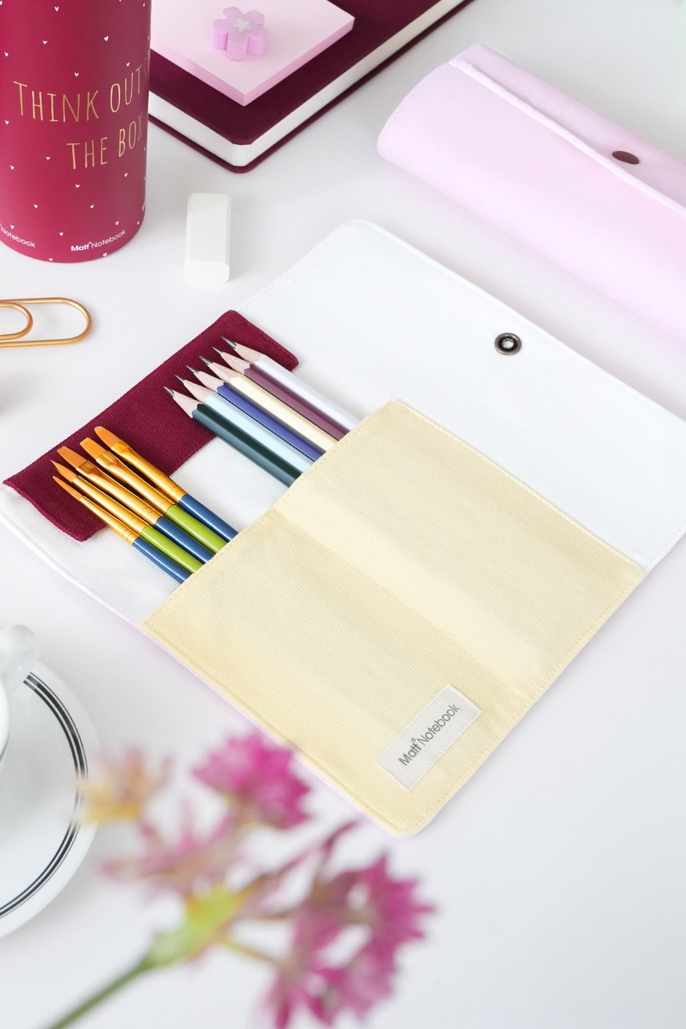 Matt Notebook Kanvas Kalemlik – Makyaj Çantası Organizer ve Düzenleyici Pembe