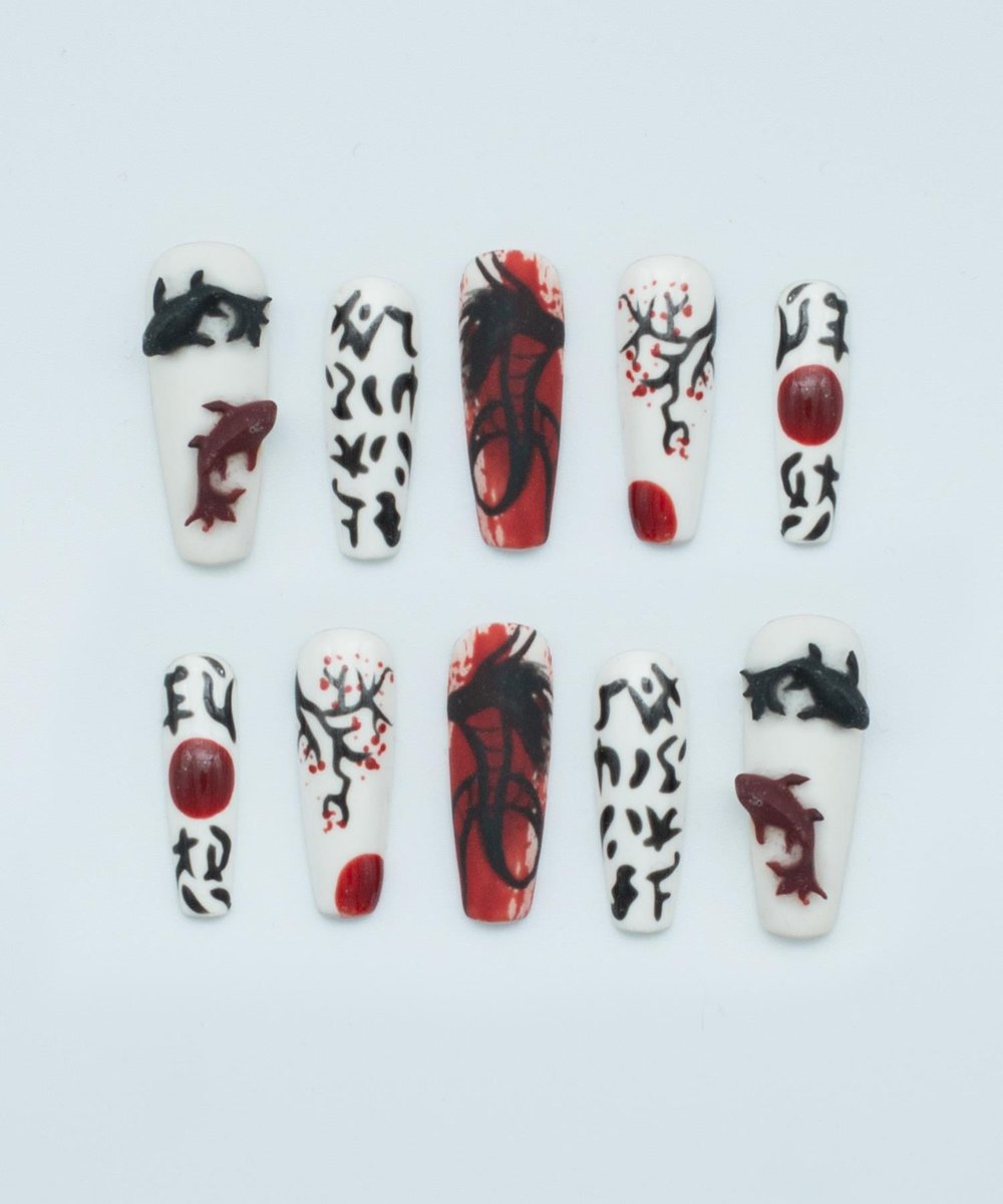 Ancestor Blood Protez Jel Takma Tırnak - El Yapımı Kalıcı Oje Nail Art Koi Fish Dragon - NC126