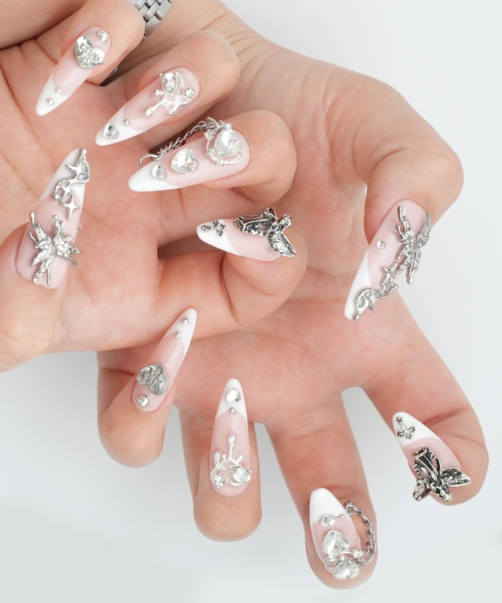 Angelic Charm Protez Jel Takma Tırnak - El Yapımı Kalıcı Oje Nail French Diamond Haç - NC101