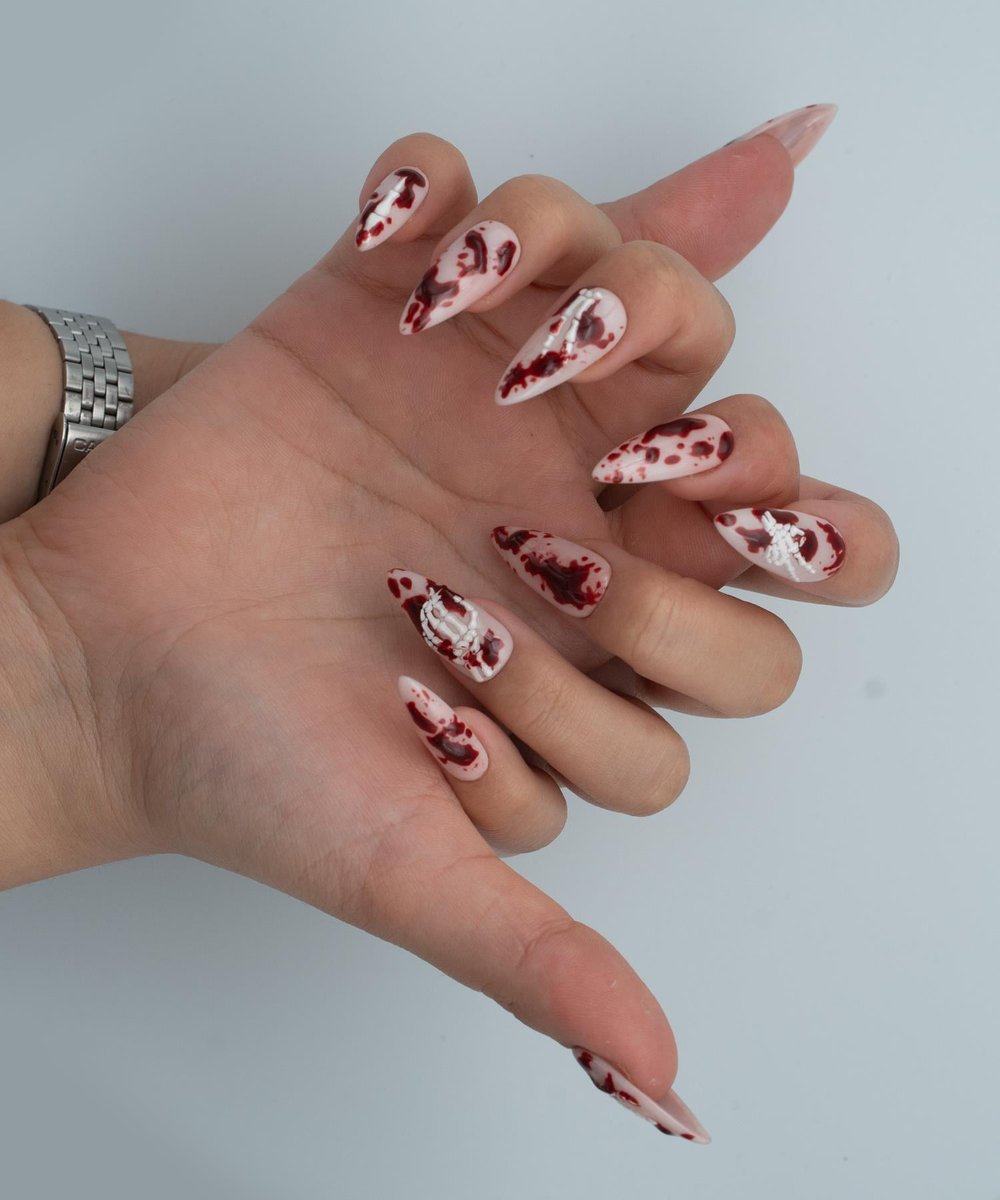 Bloody Skeletons Protez Jel Takma Tırnak -El Yapımı Kalıcı Oje Nail Art Creepy Halloween - NC125
