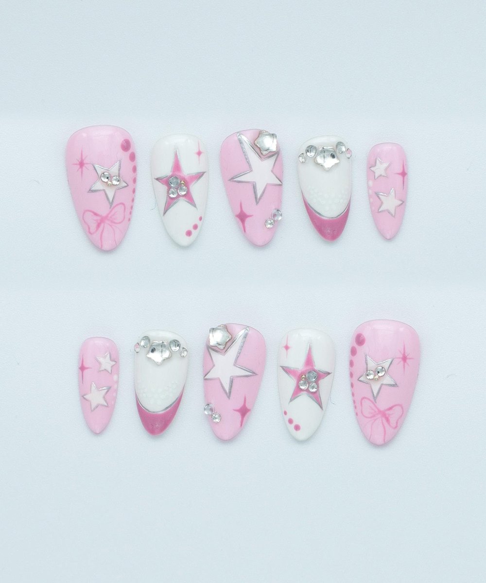 Sugar Lace Protez Jel Takma Tırnak -El Yapımı Kalıcı Oje Nail Art Pink Coquette Ribbon Star -NC140