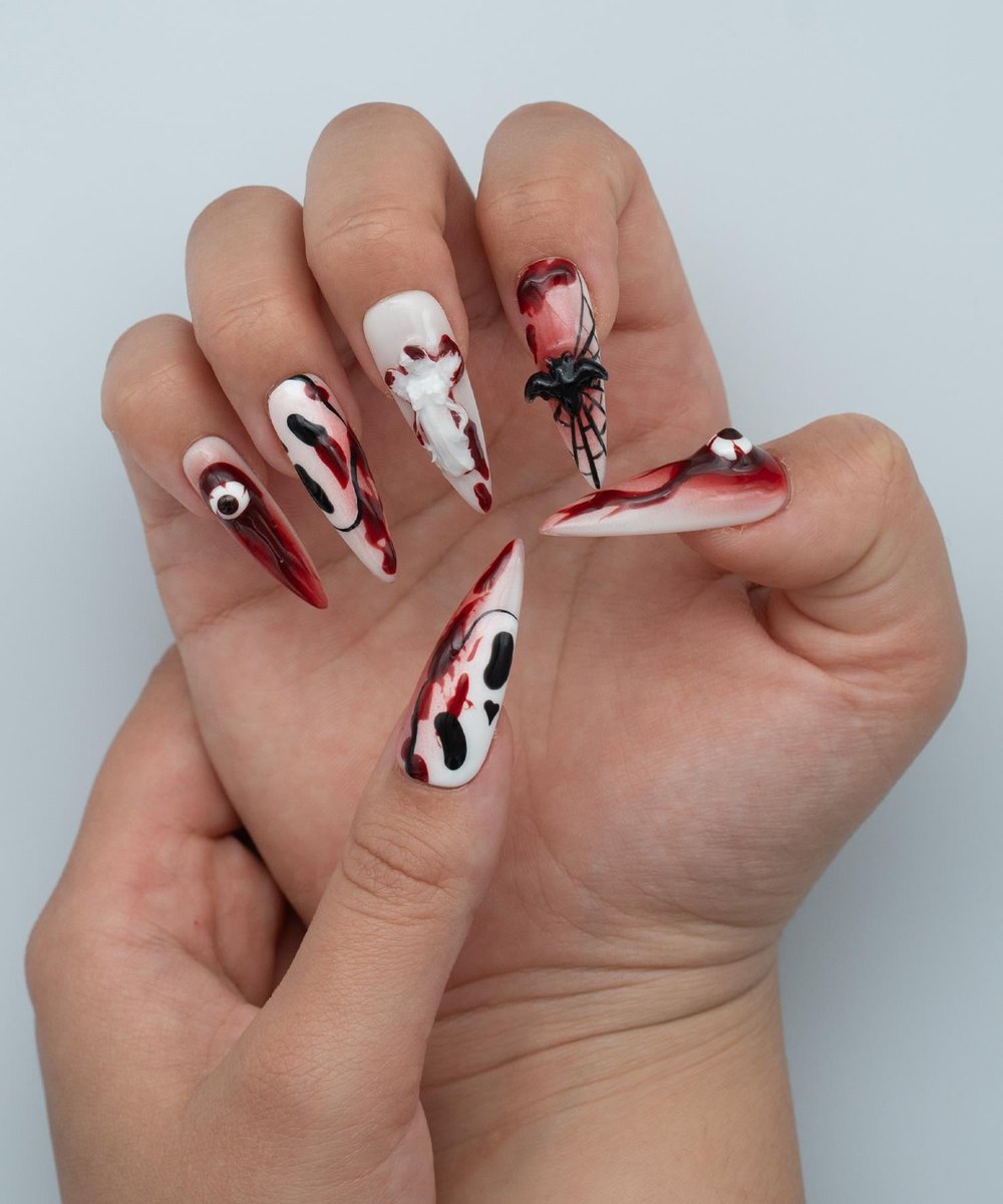 Eyes On Protez Jel Takma Tırnak -El Yapımı Kalıcı Oje Nail Art Ghostface Blood Halloween - NC124