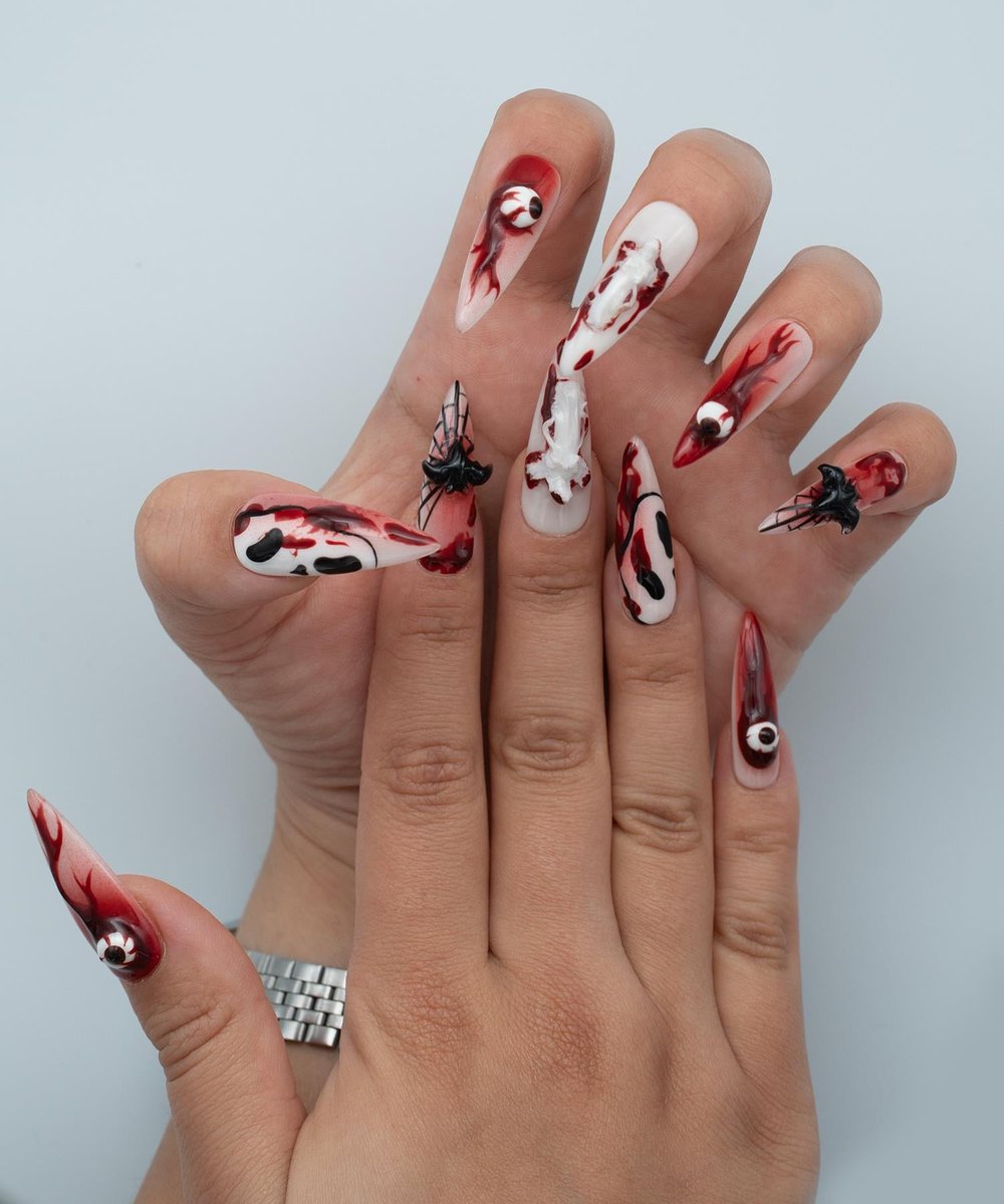 Eyes On Protez Jel Takma Tırnak -El Yapımı Kalıcı Oje Nail Art Ghostface Blood Halloween - NC124