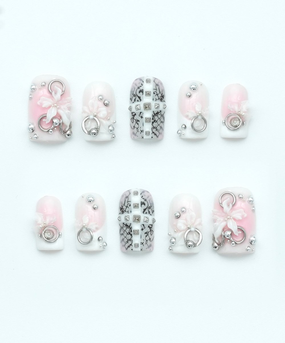 Floral Piercing Protez Jel Takma Tırnak - El Yapımı Kalıcı Oje Nail Art 3D - NC225