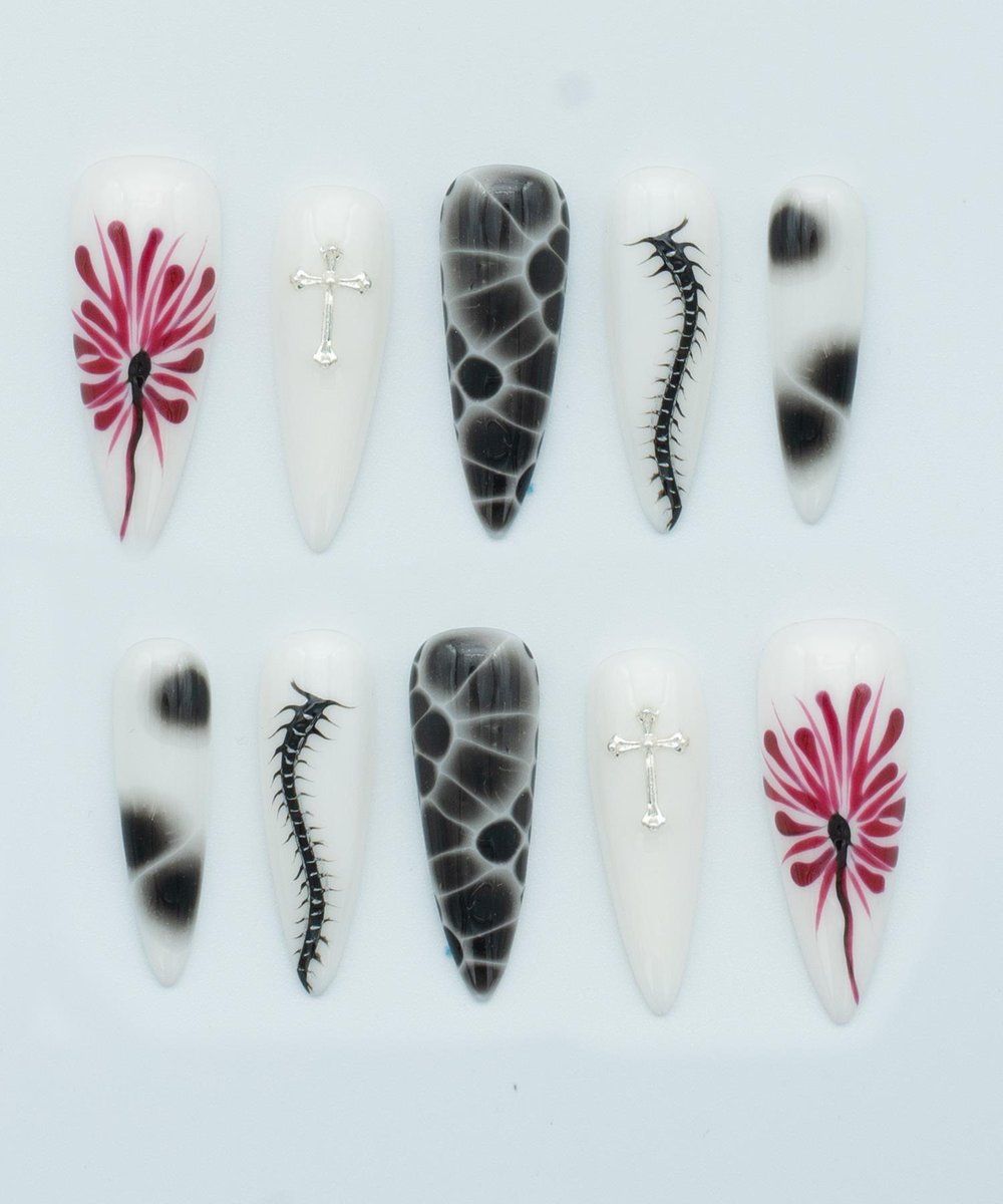 Retro Grunge Protez Jel Takma Tırnak -El Yapımı Kalıcı Oje Nail Art Gothic Charm -NC159