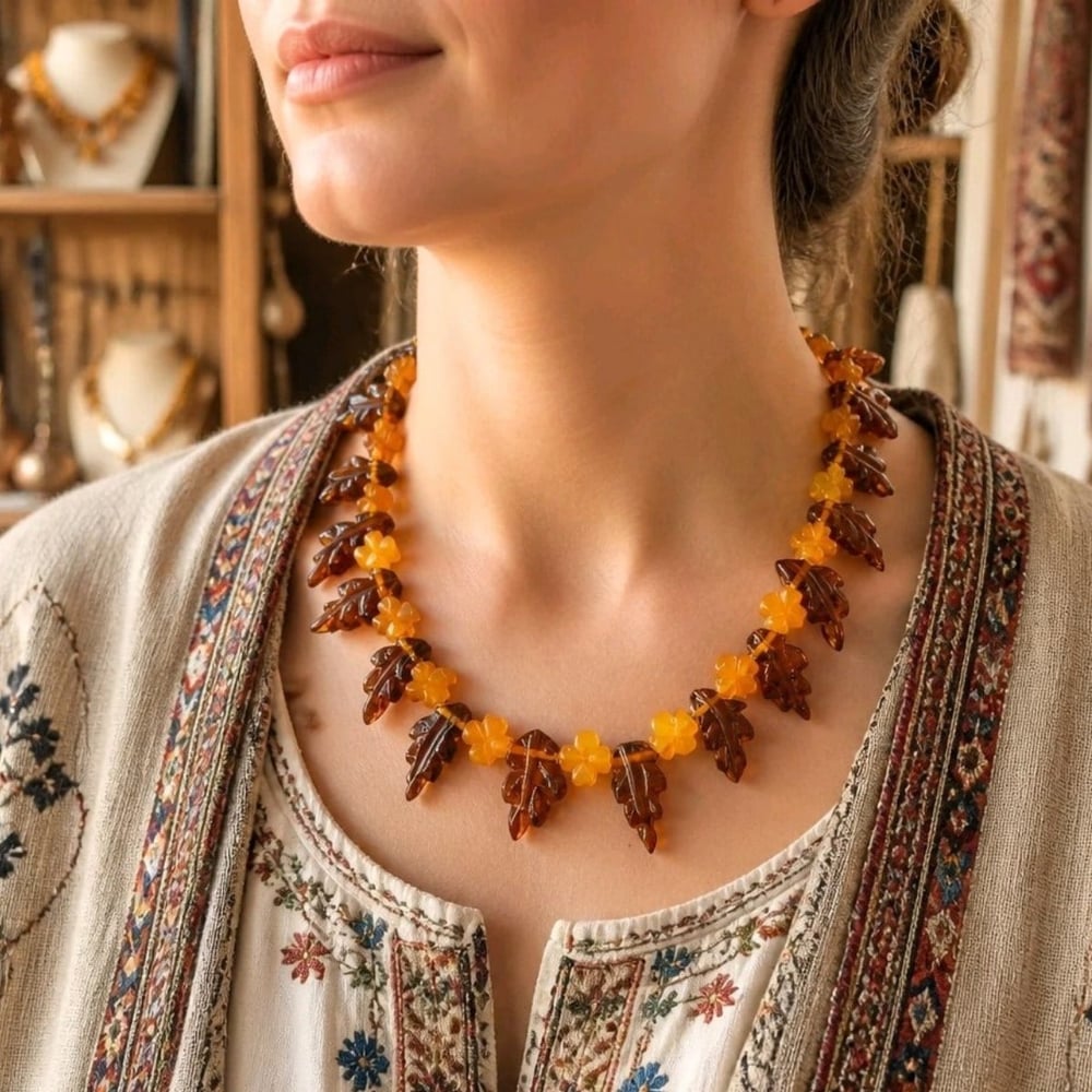 Antik Damla Kehribar Carving Tasarım Kolye – KHR592
