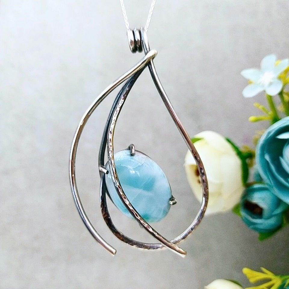 Larimar Taşı Doğal Taş Gümüş Kolye 00992