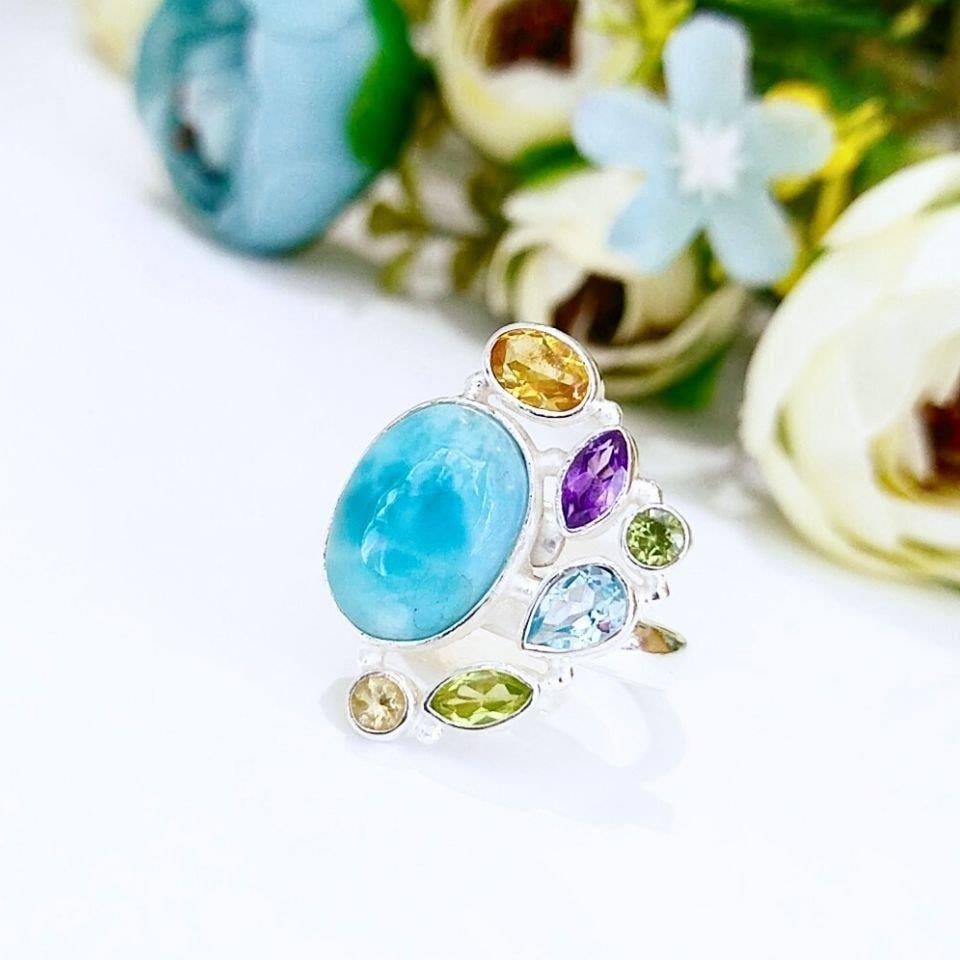 Larimar und Topas Naturstein Silber Ring 00777 – OTS777