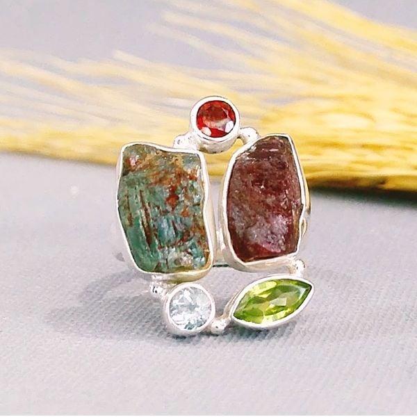 Turmalin Granat Topaz Özel Tasarım Yüzük