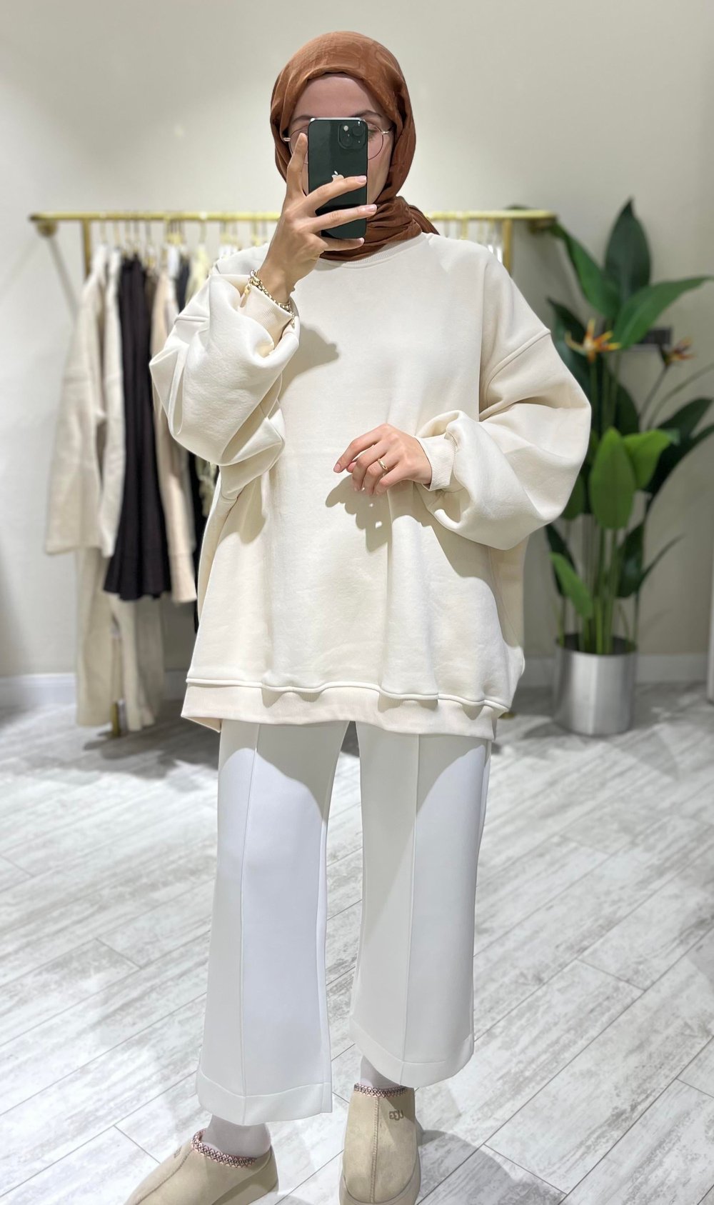 Şardonlu Oversize Sweatshirt Bej