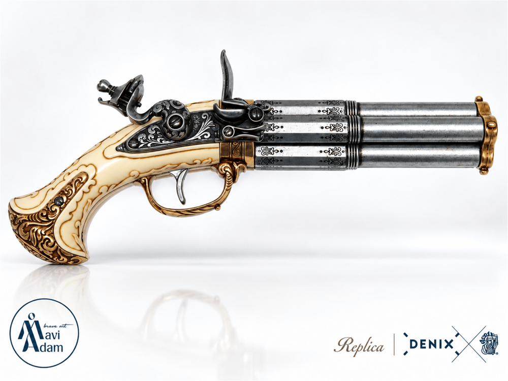 Denix Revolving 4 barrel Çakmaklı Tabanca – Fransa 18. yüzyıl | Dekoratif Replika