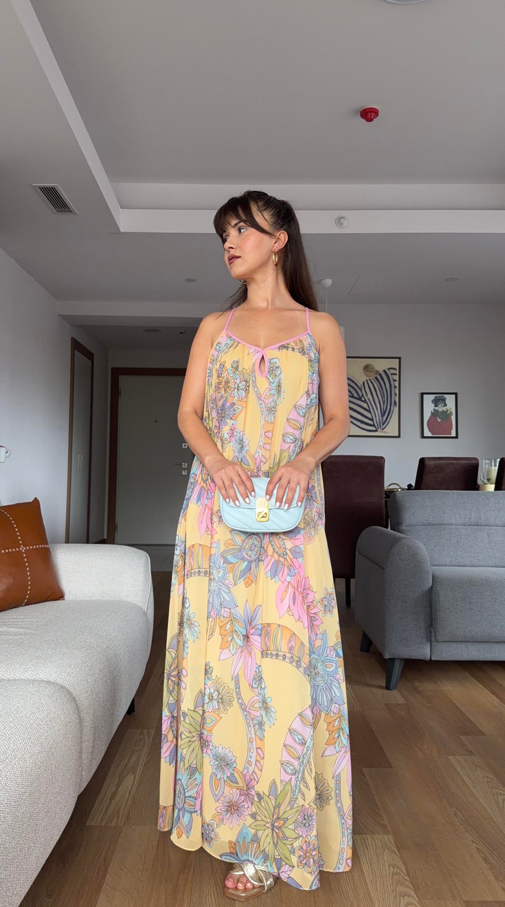 SARI DESENLİ ŞİFON ELBİSE