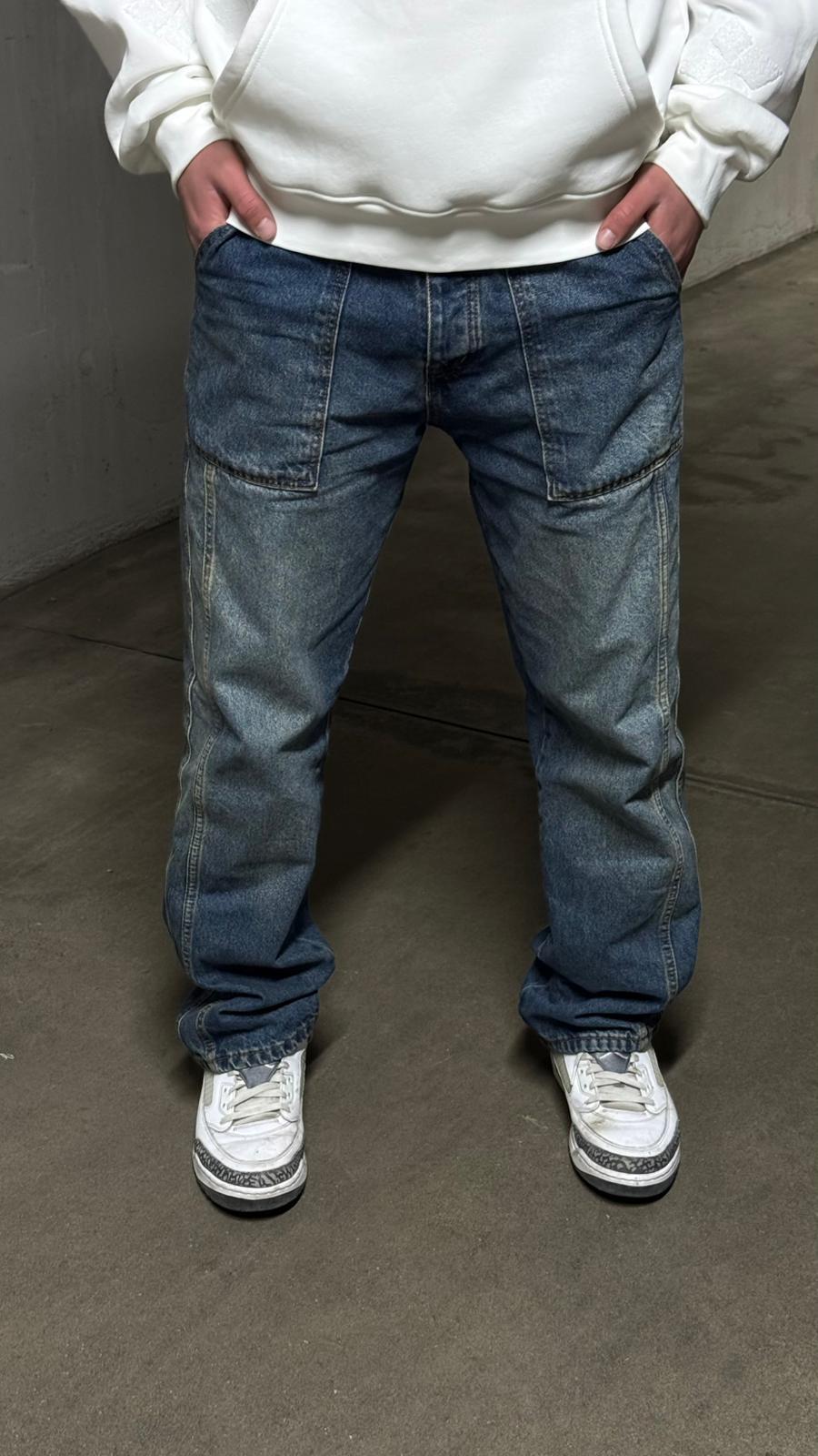 Koyu İndigo Cargo Cep Baggy Jeans