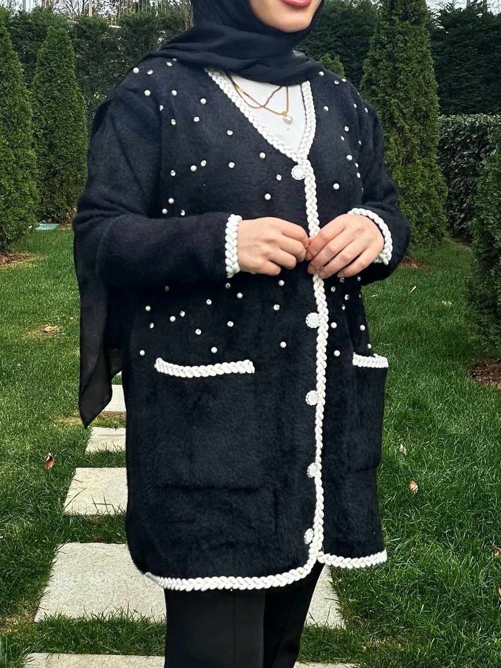 Angora Hasır Örgü Hırka - Siyah